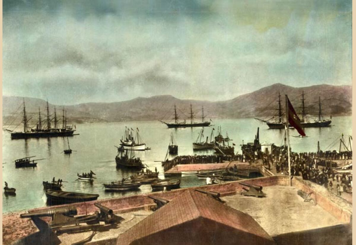 Batería de la Laxe en 1880. Fotografía Pacheco. Coloreada