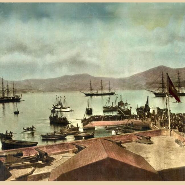 Batería de la Laxe en 1880. Fotografía Pacheco. Coloreada